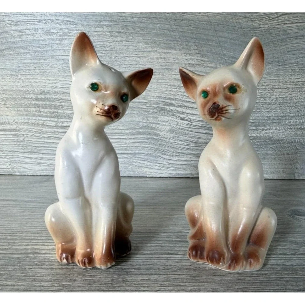 Vtg Salt & Pepper Shakers Siamese Cat Green Rhinestone Eyes W/Stoppers Japan